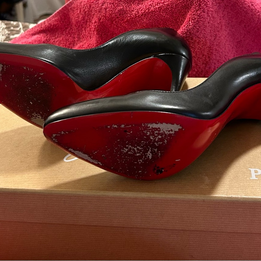 Black leather Christian Louboutin 4” heels. - Picture 7 of 11